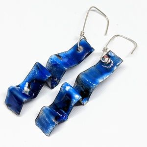 Long Folded Blue Enameled Dangle Earrings